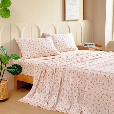 Imagem de MCO Jogo de lençol 100% algodão estampado floral, conjunto de lençóis Queen de algodão 300 fios, bolso profundo de 40,6 cm, lençóis refrescantes respiráveis 4 peças (Queen, floral rosa)
