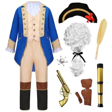 Imagem de Mecamelon Uniforme Patriota Colonial Americano Hamilton Para Meninos Da Washington Costume Com Peruca (Azul, 11-12 Anos)
