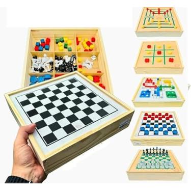 Imagem de Jogos de Tabuleiro 5x1 Clássicos Xadrez, Damas, Ludo, Jogo Da Velha, Dominó, Trilha (5 Jogos em 1 caixa) Jogo de Mesa Completo 20cm x 20cm