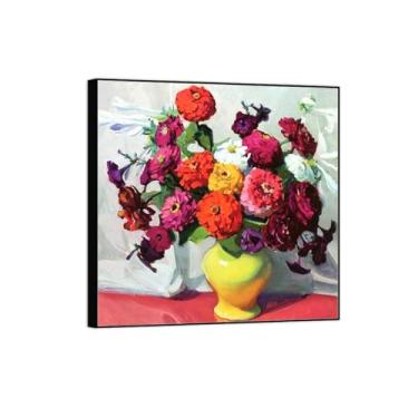 Imagem de BMZFYBS Quadro preto - arte de parede em tela de flor pinturas famosas - decoração de imagens - zinnias em vaso - pôster e impressões para sala de estar 40 x 40 cm 16 x 16 pol