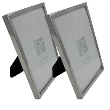 Imagem de Porta Retrato de Metal, 10x15 cm, Kit com 2, Aço Inox, Vidro e Veludo, Uso Horizontal e Vertical (Prata)