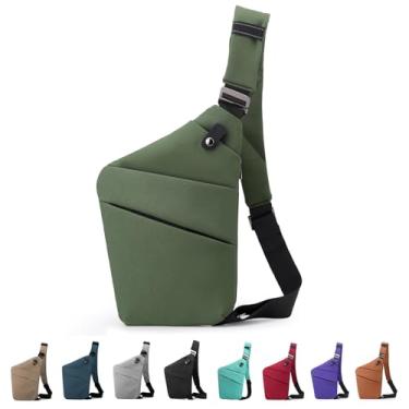 Imagem de MaijjLyn Bolsa tiracolo antirroubo, bolsa tiracolo de um ombro, vários bolsos, bolsa de viagem fina antifurto para mulheres e homens, Verde militar direita, Small, Bolsa antifurto Wander Plus