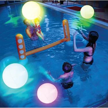 Imagem de FLAMDYNO Brinquedos de piscina – Pacote com 4 bolas de praia iluminadas para crianças com 8 modos de luz, bolas de jogos de praia para atividades ao ar livre ou internas, decorações de praia de