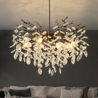 Imagem de EGM Lustre De Cristal Com Galho De Árvore Preto, Luminária De Teto Moderna Em Cristal Com Formato De Gota De Chuva, 8 Lâmpadas (E12), Lustres Redondos Suspensos Para Sala De Jantar, Sala De Estar,