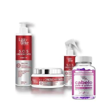 Imagem de Lizzante Conjunto S.O.S Crescimento Capilar, Shampoo, Tônico e Máscara de Tratamento, com Suplemento para Cabelo, Pele e Unhas