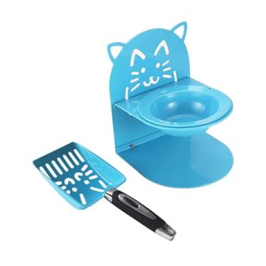 Imagem de Whtkoph Tigela Elevada para Gatos, Pá para Areia de Gatos para Gatos Domésticos, Ergonômica, Prática, Peneira para Cocô de Gatinho, Pá de Malha com Alça para, Azul