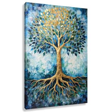 Imagem de Árvore da Vida Arte de Parede Impressão em Tela Decoração Harmonia da Vida Crescimento Espiritual Natureza Raízes Folhas Azul Verde 60x90cmx1