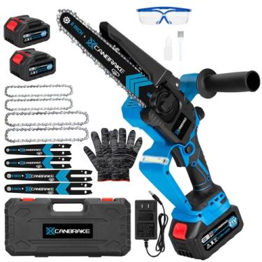 Imagem de Mini motosserra sem fio, motosserra portátil de 20 cm e 15 cm com 2 baterias de 4,0 Ah, 4 correntes e 4 placas de guia, indicação de LED, motosserra elétrica sem escova para aparar árvores, poda de