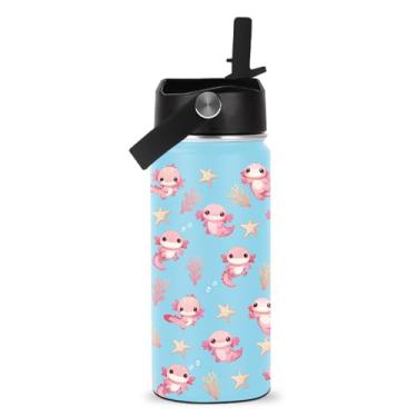 Imagem de ROVOZAR Garrafa de água Axolotl 473 ml - Garrafa de água de aço inoxidável Axolotl com canudo - copo com isolamento Axolotls fofo para meninas e meninos - Copo infantil Axolotls para escola, esportes