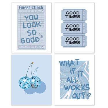Imagem de BESERH Conjunto de 4 pôsteres azuis descolados modernos, preppy retrô Y2K Cherry Disco Ball Inspirational Blue Wall Art Prints for Room Dorm Aesthetic, Y2K room, 20x25 sem moldura