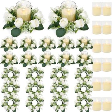 Imagem de ACMEE Anéis de vela rosa branca com conjuntos de velas sem chama - 24 peças de flores artificiais eucalipto casamento centro de mesa de 7,6 cm para decoração de festa de casamento (conjunto com 12
