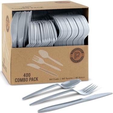 Imagem de PLASTICPRO Pacote com 400 utensílios de plástico descartáveis, conjunto de talheres coloridos variados, garfos, colheres, facas, talheres, talheres de plástico prateado para festas