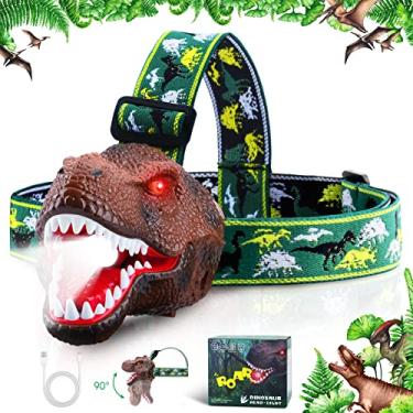 Imagem de Dysaim Lanterna de cabeça infantil, lanterna de LED recarregável de dinossauro para crianças, acampamento ao ar livre, equipamentos essenciais, brinquedos de dinossauro para meninos, meninas/adultos