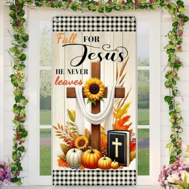 Imagem de BlissYard Capa de porta de outono, 188 x 89 cm, faixa cristã de ação de graças, outono para Jesus, ele nunca deixa cruz, bíblia, abóbora, girassol, folhas de outono, decoração de porta para exibição