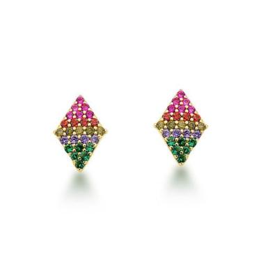 Imagem de Brinco Arco Iris Losango Colorido Banhado a Ouro 18k - Atraktiva Jóias