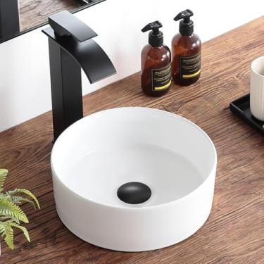 Imagem de KDKSC Pia de vaso de banheiro pequena 30,48 cm x 30,5 cm Pia de banheiro redonda pia de banheiro de cerâmica branca moderna acima do balcão bacia de arte