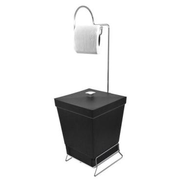 Imagem de Lixeira Com Suporte De Papel Higiênico - Stolf Preto, Preto e Prata