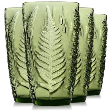 Imagem de Conjunto de copos verdes vintage de 118 a 473 ml, copos de vidro soprados à mão, copos altos texturizados pesados, copos coloridos de estilo antigo, utensílios de bebida estéticos boho retrô