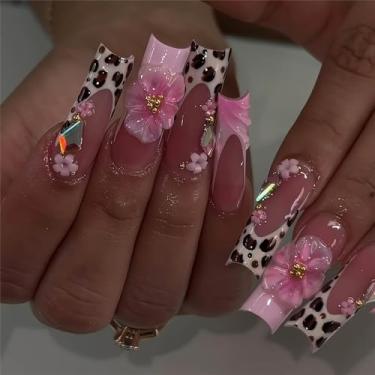 Imagem de RTKHFZE Unhas postiças quadradas de pressão longa com ponta francesa rosa, unhas postiças com flor 3D e design de redemoinho, cola nas unhas, unhas de acrílico Y2K, 24 peças
