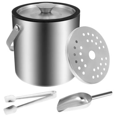 Imagem de Balde de gelo com tampa de silicone, pinça de gelo, colher e coador, balde de gelo isolado a vácuo de parede dupla, balde de gelo de aço inoxidável, balde de vinho, garrafas de recipiente de gelo para