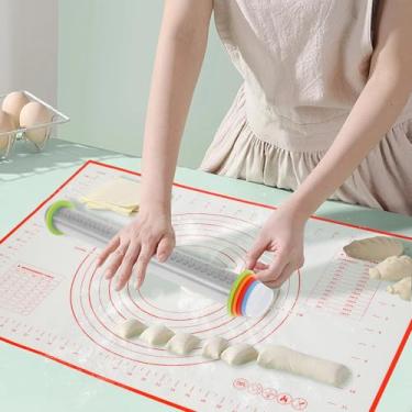 Imagem de Conjunto de rolo de massa de aço inoxidável e tapete de silicone, rolo ajustável com anéis grossos, rolo para assar fondant, pizza, torta, pastelaria, massa, massa, biscoitos