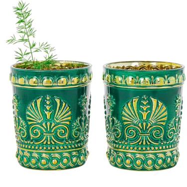 Imagem de Sungmor Conjunto de 2 copos vintage em relevo - copos verdes e dourados, copos decorativos de 293 ml para coquetéis, água ou suco - Vidro estilo barroco antigo
