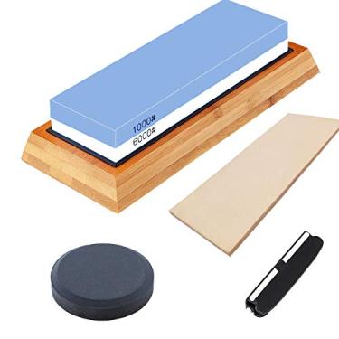 Imagem de Conjunto de pedras de amolar multiuso 1000/6000 de gramatura 1000/6000 afiador de machado de couro Strop Waterstone Afiador de facas com guia de ângulo de base de bambu antiderrapante