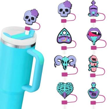 Imagem de HATOTO Capas de palha Stanley de Halloween para Stanley Cup, topos de palha de desenho animado para Stanley, topo de silicone de grau alimentício engraçado, tampa de canudos reutilizáveis de piscina