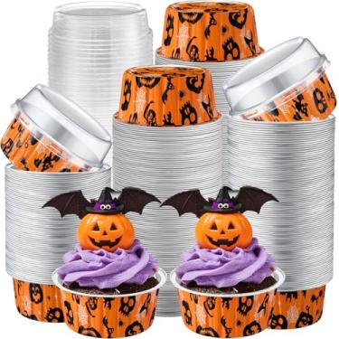 Imagem de Gandeer Pacote com 200 forros de cupcake de folha de alumínio com tampas, copo redondo de 142 g para festa de casamento, ramekin de torta descartável, recipiente para mini formas de bolo (laranja e