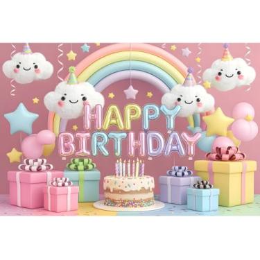 Imagem de YongFoto Pano de fundo infantil feliz aniversário 1,8 x 1,2 m caixa de presente com estrelas arco-íris arco rosa fundo fotográfico doce bebê menina menino um ano de idade 1º 2º aniversário bandeira