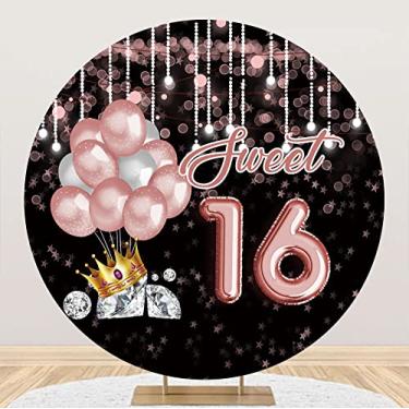 Imagem de Baocicco Capa de fundo redonda de 2,3 m de aniversário de 16 anos rosa balão rosa coroa diamante glitter estrela círculo fotografia poliéster princesa menina aniversário festa vídeo estúdio retratos