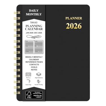 Imagem de TIIKKASI Agenda semanal mensal de 2026 (janeiro a dezembro) - 15 x 21 cm - bloco de notas de produtividade de plano de agenda de 12 meses de férias de inverno, capa de plástico flexível encadernada em