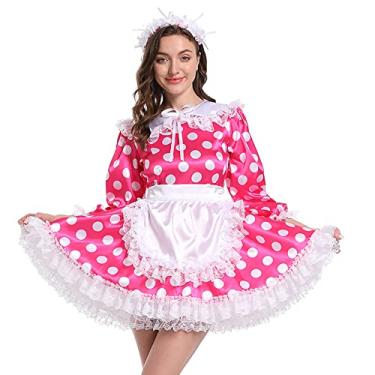 Imagem de Hoplizy Vestido francês Sissy Maid manga comprida cetim pontos buffy renda crossdress conjunto (GG) rosa vermelha