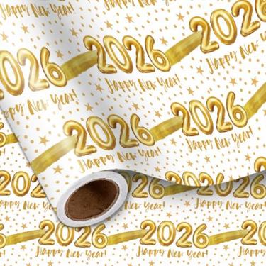 Imagem de LeZakaa Rolo de papel de embrulho de ano novo de 2026 – número de balão dourado e design de feliz ano novo com estrelas – embrulho de presente festivo para festas de fim de ano, celebração e véspera