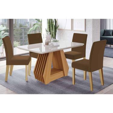 Imagem de Conjunto: Mesa de Cozinha Ágata Tampo Madeirado c/ Vidro 130x80cm e 4 Cadeiras Maia Cinamomo/Off White - Suede Mascavo Chocolate - Cimol