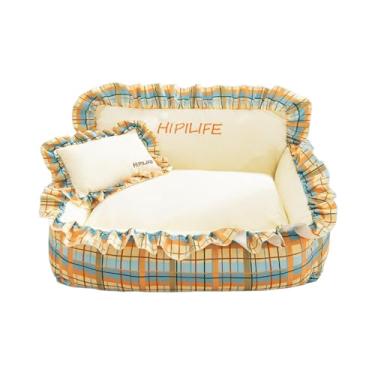 Imagem de KiBcsLic Cama para cachorro, sofá, pet lounge, macio, confortável, antiderrapante, sofá para cães e gatos com travesseiro para todas as raças, gatos de, S Yellow Plaid