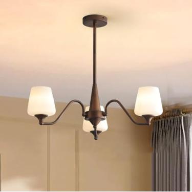 Imagem de Lustre de vidro leitoso moderno de meados do século, bronze esfregado a óleo, lustre de jantar Sputnik, luminária pendente de teto rústica de fazenda, luminária vintage para sala de estar, q
