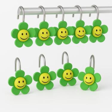 Imagem de YOINIUEM Ganchos de cortina de chuveiro com flores sorridentes, pacote com 12 anéis de cortina de chuveiro de resina verde para decoração de banheiro, design bonito e durável