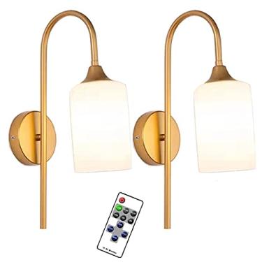 Imagem de Conjunto de 2 arandelas de parede vintage douradas, luminária de parede de metal industrial preta sem fio regulável, operada por bateria, com controle remoto para abajur de cabeceira e banhe