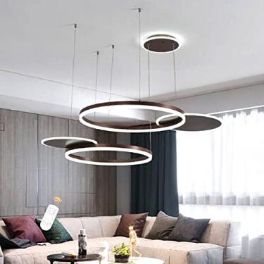 Imagem de Luminária pendente circular moderna com controle remoto, lustre redondo de acrílico regulável para sala de estar, sala de jantar, quarto e escada, marrom, 80 cm