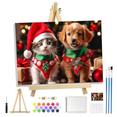 Imagem de MOGTAA Kit de pintura de Natal por números para adultos iniciantes com moldura, gatos e cães, kits de pintura por números em tela com cavalete, kits de pintura a óleo de animais fáceis de fazer você
