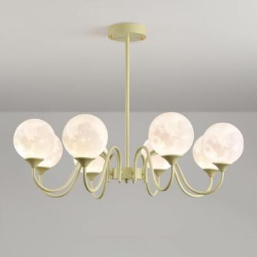 Imagem de Lustres modernos em branco leitoso para sala de jantar, luminárias pendentes verdes com impressão 3D, lustre de bola de planeta lunar para ilha de cozinha, sala de estar, restaurante, até 8