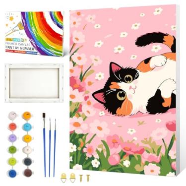 Imagem de ZTOTZ Kit de pintura de gatos por números para crianças iniciantes, kit engraçado de pintura animal por números para adultos emoldurado, kits de artistas de mini números para decoração de parede de