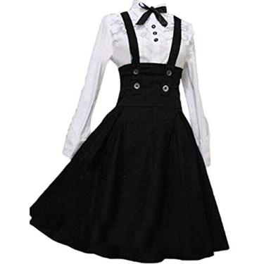 Imagem de Jeufoin Vestido feminino preto Lolita plus size A Line cintura alta conjunto saia anime empregada Halloween cosplay fantasia, Preto, XXG