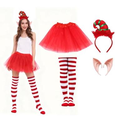 Imagem de LEKTIST Conjunto de fantasia de elfo de Natal, fantasia de ajudante de Papai Noel, chapéu de elfo, meias listradas, saia e orelhas de elfo, acessórios de fantasia para festa, Vermelho, One Size