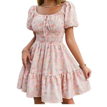 Imagem de Vestido Floerns Boho com gola quadrada, manga curta, floral, rosa