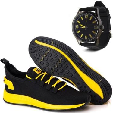 Imagem de Tênis Masculino Pisada Neutra + Relógio - Iden Shoes, Amarelo, 44