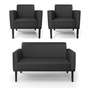 Imagem de Conjunto 2 Poltronas e 1 Namoradeira Decorativa Isabella Pés Fixo em Madeira Preto PU Preto G19 - Gran Belo