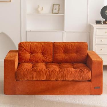 Imagem de MAXYOYO Sofá sem ossos, sofá de namoradeira para espaços pequenos, sofá tufado de 2 lugares poltrona para sala de estar, quarto, apartamento, sofá em uma caixa, sem necessidade de montagem, laranja