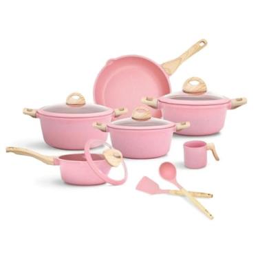 Imagem de Jogo de Panelas 5 Peças Indução e Gás – Revestimento Cerâmico Granito Antiaderente com Frigideira e Caçarolas (ROSA COM CANECO)